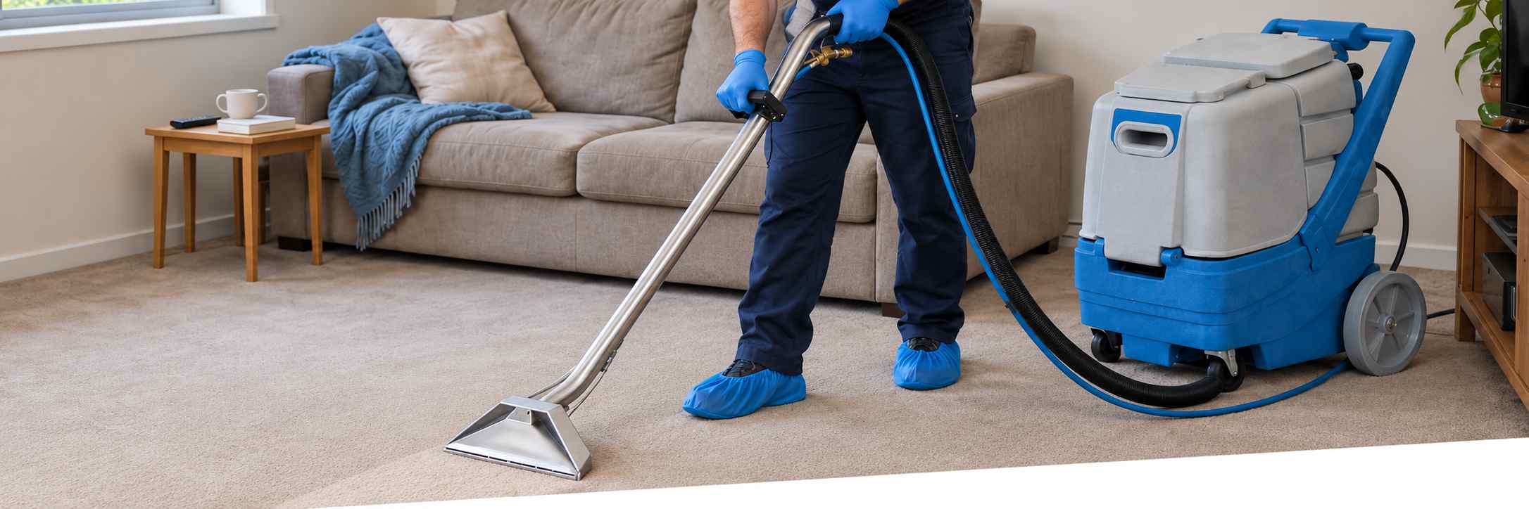 carpet-cleaning-melbourne-hwe-d Fantastic Cleaners technician cleaning fitted carpet with hot water extraction in a Melbourne living room
