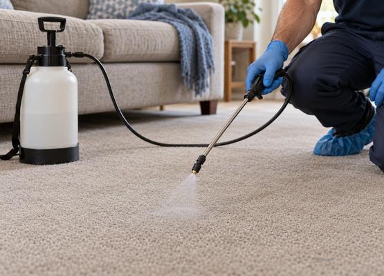 carpet-protection-melbourne Technician applying carpet protector with an unbranded pump sprayer in a Melbourne home