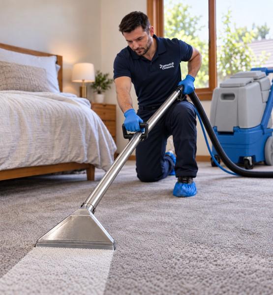carpet-steam-cleaning-melbourne-hot-water-extraction-wand-bedroom Fantastic Cleaners technician extracting a bedroom carpet with a hot water extraction wand in Melbourne