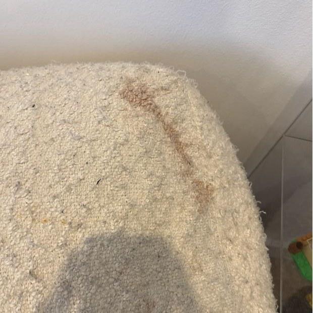 Drip stain on bouclé armchair before upholstery cleaning