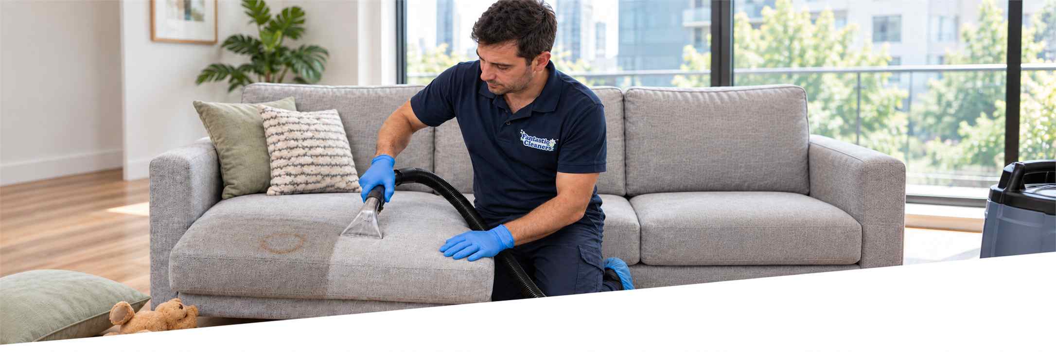 upholstery-cleaning-melbourne-d Fantastic Cleaners technician steam cleaning a grey fabric couch in a Melbourne living room