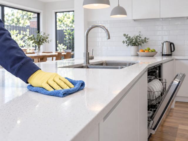 Kitchen benchtop wiped down and dishwasher unloaded during a regular house clean