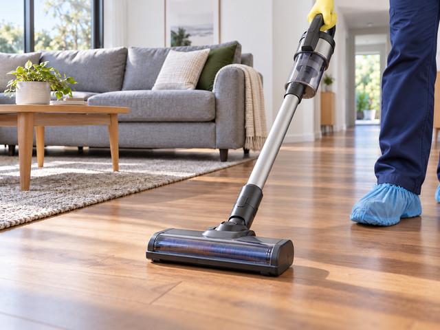 Living room timber floor vacuumed and surfaces dusted during a regular house clean
