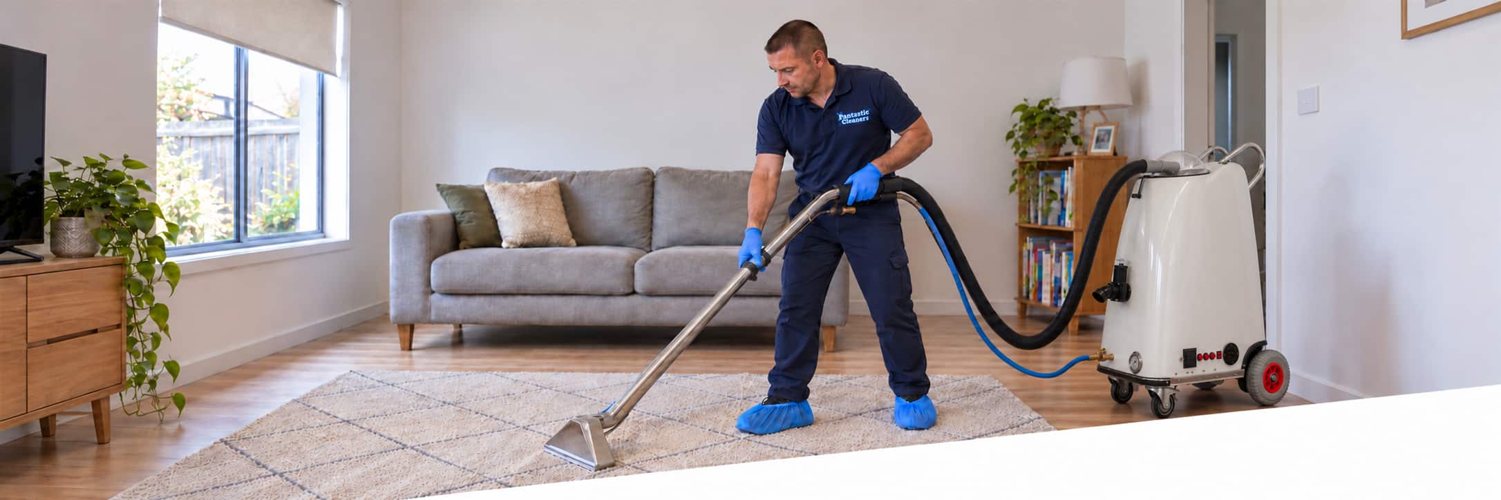 rug-cleaning-melbourne-d Fantastic Cleaners technician steam cleaning a cream patterned rug on-site in a Melbourne living room
