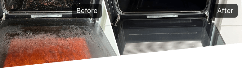 Oven with burnt-on food before and after cleaning