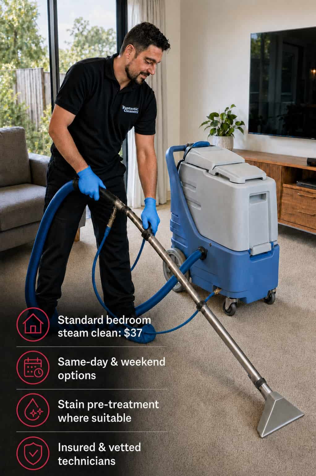 carpet-cleaning-melbourne-benefits Fantastic Cleaners technician steam cleaning carpet in a Melbourne home with professional hot water extraction equipment