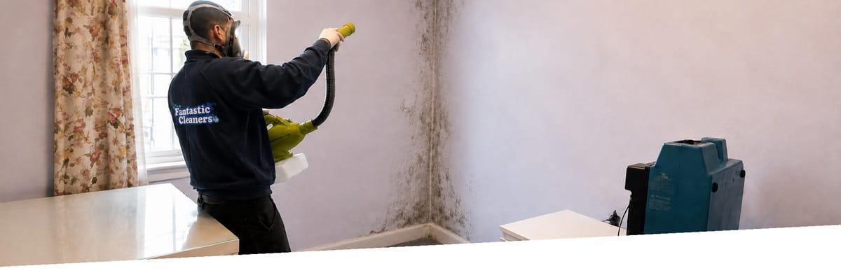 Fantastic Cleaners technician in a respirator applying ULV fog treatment to a mould-covered wall during professional mould removal
