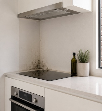 Mould on a kitchen splashback wall beside the cooktop, under the rangehood