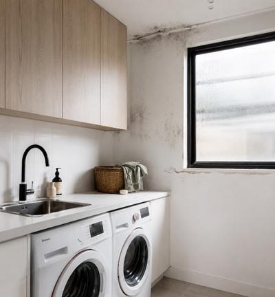 Mould spreading around a laundry window and ceiling above the washing machine and dryer