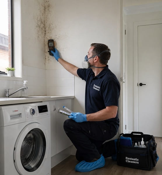 Fully equipped Fantastic Cleaners technician documenting mould around a laundry window during an inspection