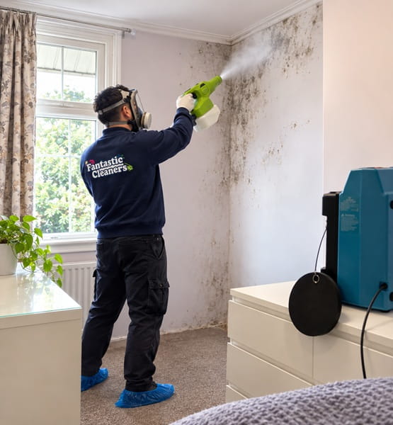 Fantastic Cleaners mould technician applying ULV dry fog treatment to a mould-covered bedroom wall